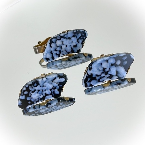 💕Beautiful Vintage Snowflake Obsidian Cufflinks & Tie Clip Set💕 - Picture 2 of 6